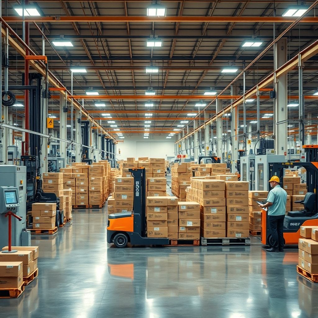 A modern, automated corrugated box factory floor in Thailand, with machinery producing boxes, forklifts moving pallets of finished boxes, and a few technicians monitoring operations. The atmosphere is efficient and well-lit, showing precision and speed in production. Warm industrial lighting, ultra realistic, highly detailed, 8k quality, photorealistic