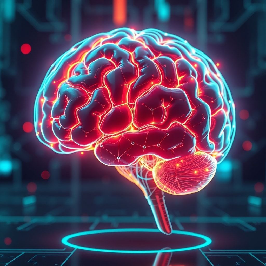 futuristic AI holographic brain with neon lights, highly detailed, photorealistic