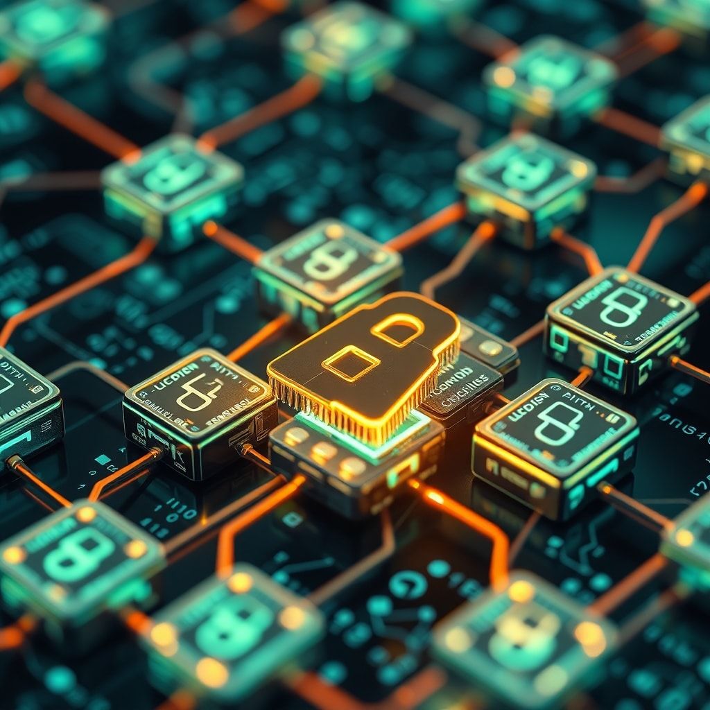 breaking - secure blockchain network with interconnected blocks, encrypted data, futuristic technology, digital security, adv