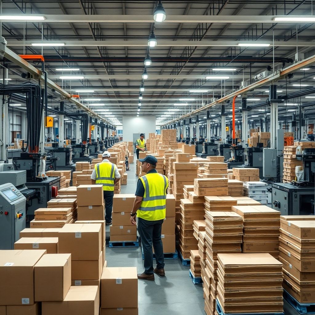 A bustling modern corrugated box factory floor in Bangkok, with automated machinery producing various sizes of cardboard boxes, workers in safety vests overseeing operations, stacks of finished boxes ready for shipment, bright industrial lighting, clean and efficient atmosphere, ultra realistic, highly detailed, 8k quality, photorealistic