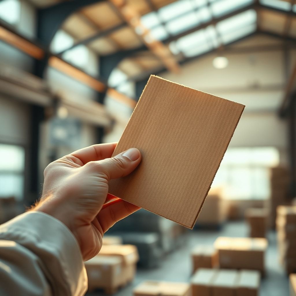 your - A close-up shot of a hand holding a piece of corrugated cardboard, highlighting its texture and strength, with a blurr
