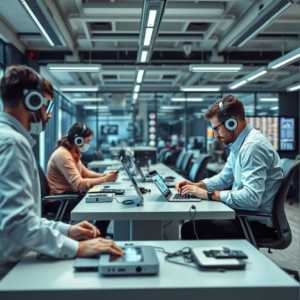 cutting-edge technology solutions in a modern office setting, futuristic gadgets and devices, high-tech innovation hub with creative professionals brainstorming, sleek and minimalist tech products, advanced software interface with data visualization, vibrant and dynamic tech startup environment, innovative technology solutions in action, digital transformation in progress