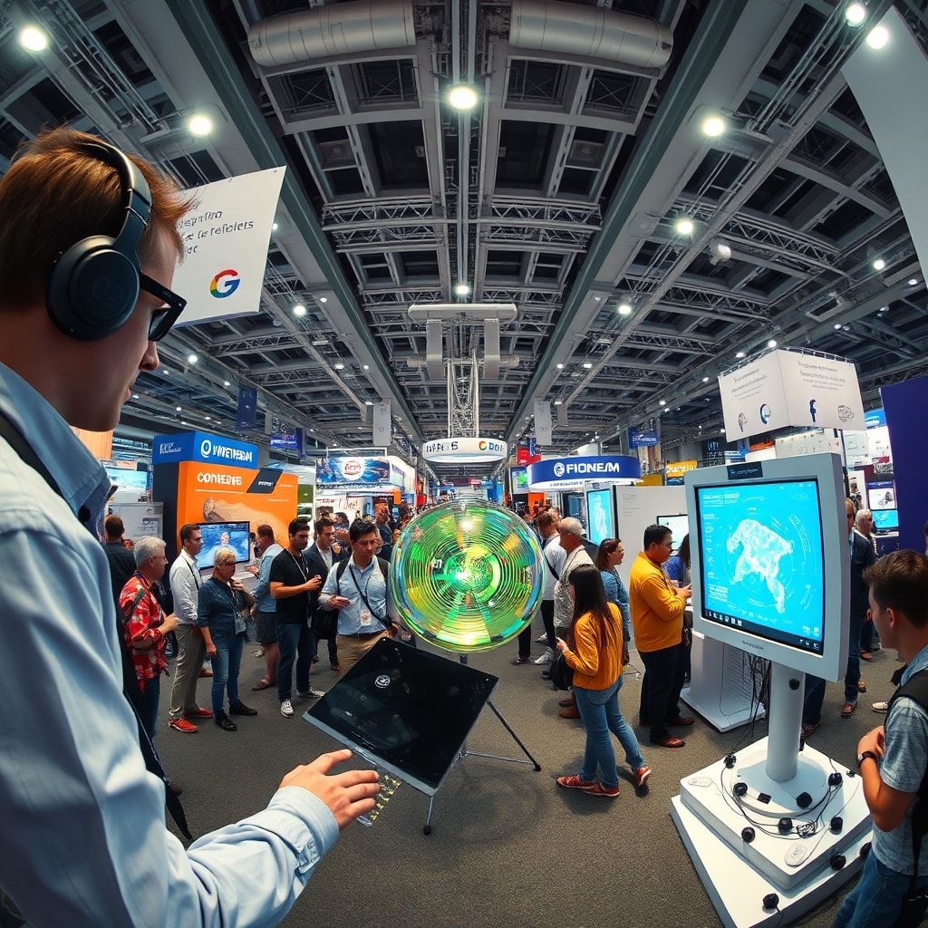 innovative technology showcase at a tech expo, futuristic inventions on display, interactive tech demonstrations, cutting-edg