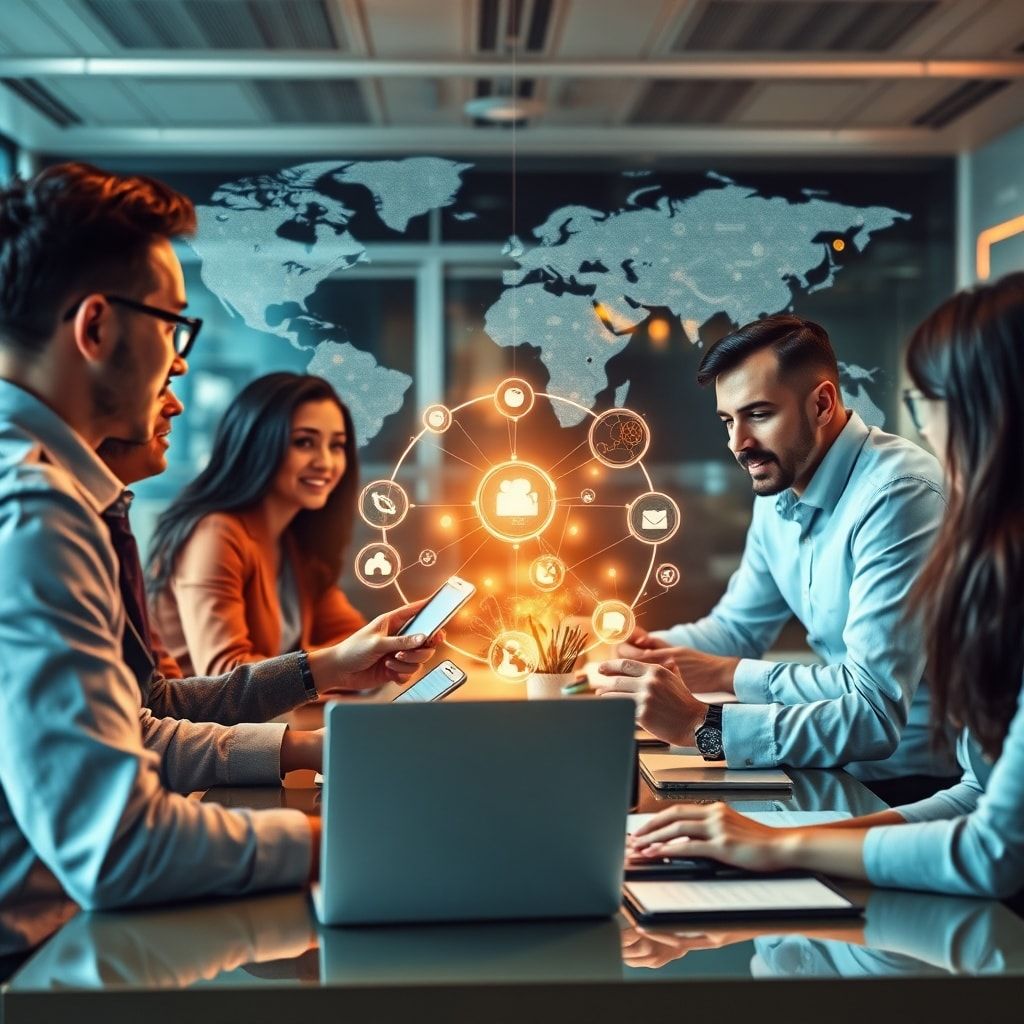 digital transformation in a global business setting, diverse team collaborating on innovative tech solutions, tech disruption