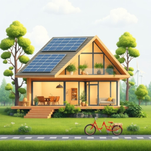 sustainable living in a modern eco-friendly home with solar panels and lush greenery, sustainable transportation options like bikes and public transit, sustainable energy sources such as wind turbines and solar panels