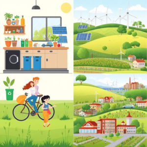 eco-friendly household items and recycling bins in a modern kitchen, solar panels on a rooftop, family biking together in a park with reusable bags, sustainable farming practices in a green field, diverse group of people participating in a beach cleanup, urban garden with fresh produce, clean energy wind turbines on a hill, eco-friendly transportation options in a city, vibrant community garden with flowers and vegetables, sustainable architecture with green rooftops
