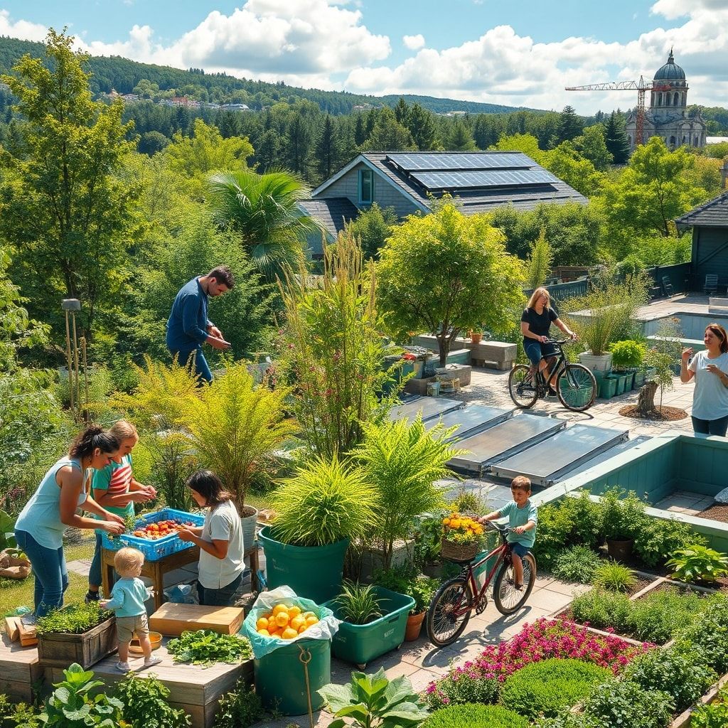 diverse group of people planting trees in a green forest, using sustainable materials for DIY projects, enjoying a zero-waste picnic in a sunny park, diverse group of people sorting recycling bins, installing solar panels on a rooftop, using reusable bags and containers at a farmers' market, beautiful sustainable eco-friendly home interior, lush green rooftop garden with solar panels and rainwater harvesting system, happy family riding bicycles in a bike-friendly city, community garden with colorful flowers and vegetables