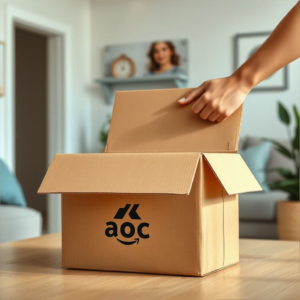 A beautifully designed corrugated box with a brand logo, being carefully opened by a customer, revealing a product inside. The setting is a modern home delivery scene, bright and inviting. The box is sturdy and visually appealing, reflecting quality and care. Focus on the unboxing experience, clean aesthetics, natural lighting, high detail, photorealistic