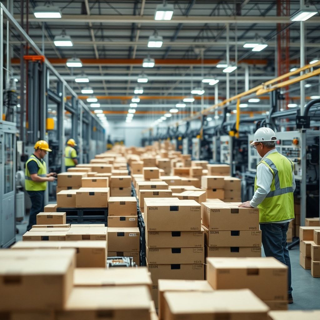 boost - A modern corrugated box manufacturing factory floor, showing large automated machinery producing cardboard boxes. Wor
