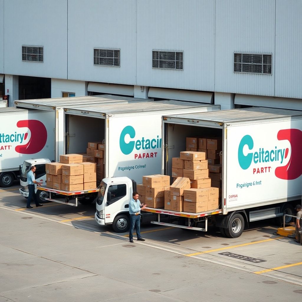 boost - A fleet of delivery trucks branded with a packaging company's logo, parked in a loading bay at a factory. Workers are