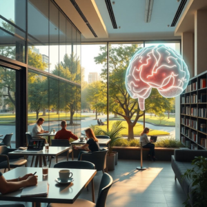 modern office with glass walls and people working on laptops, cozy Italian café terrace with coffee cups and notebooks, peaceful city park with green trees and stone pathways, minimalist living room interior with sunlight through large windows, futuristic AI holographic brain with neon lights, university library with tall bookshelves and students studying, warm natural sunlight, cinematic atmosphere, ultra realistic, highly detailed, 8k quality, photorealistic