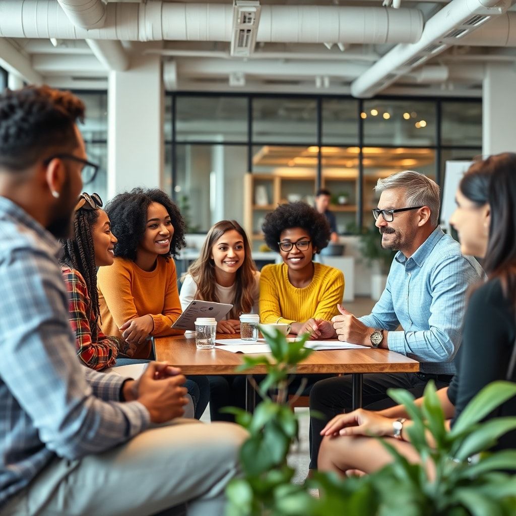 diverse team brainstorming in a modern office setting, creative technology startup environment, inclusive workplace with people of different backgrounds collaborating, dynamic and energetic atmosphere, innovative ideas being discussed, teamwork and creativity in action