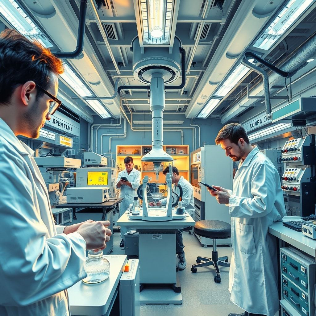 cutting-edge technology research lab with futuristic equipment, scientists working on groundbreaking projects, high-tech labo