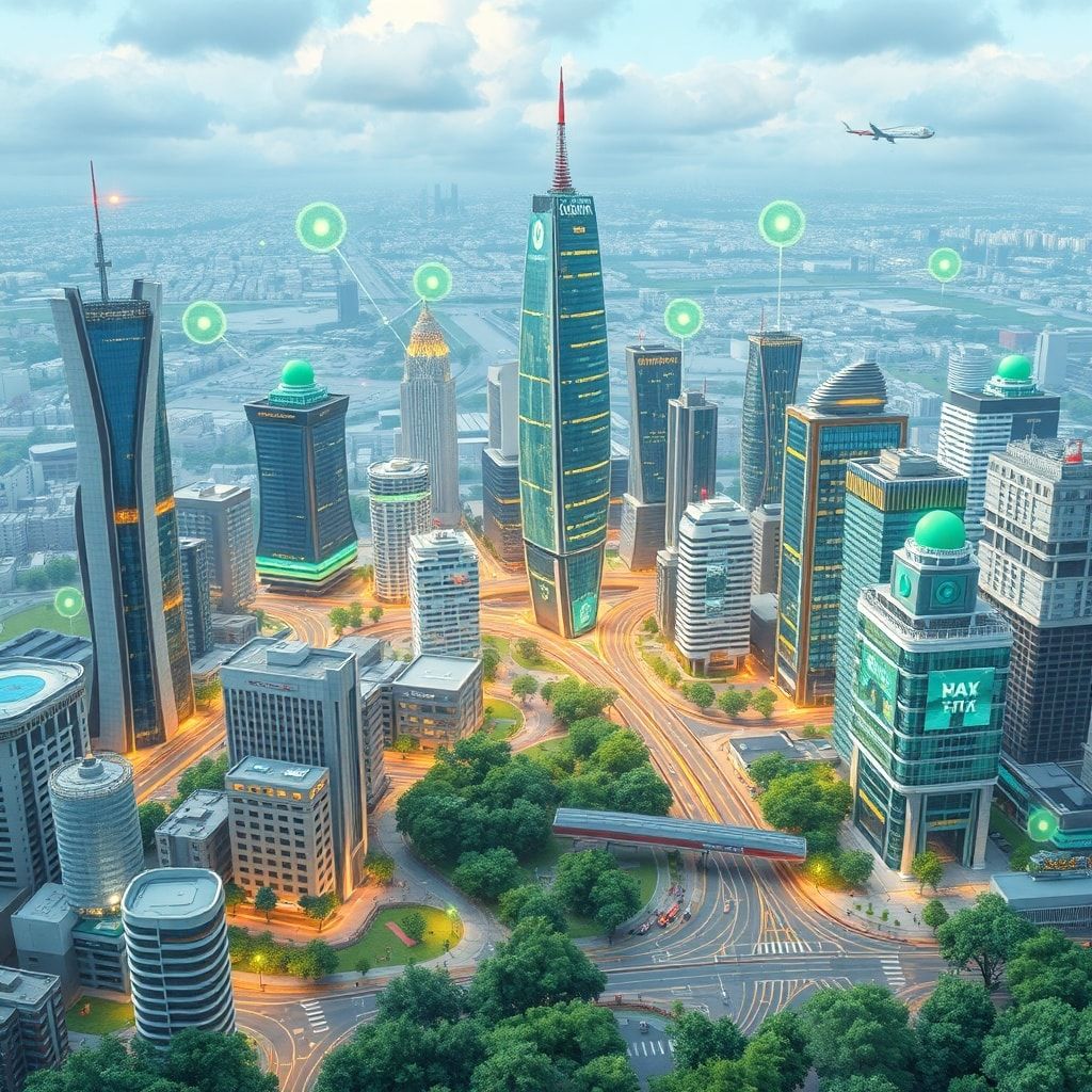 smart city concept with interconnected IoT devices, sustainable urban infrastructure, green energy solutions, digital transfo