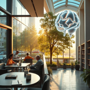 modern office with glass walls and people working on laptops, cozy Italian café terrace with coffee cups and notebooks, peaceful city park with green trees and stone pathways, minimalist living room interior with sunlight through large windows, futuristic AI holographic brain with neon lights, university library with tall bookshelves and students studying, warm natural sunlight, cinematic atmosphere, ultra realistic, highly detailed, 8k quality, photorealistic