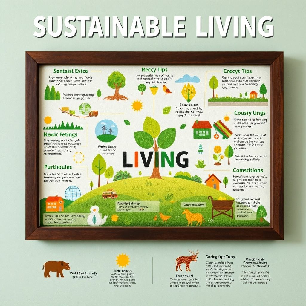 sustainable living infographic showcasing various eco-friendly practices, renewable energy sources, recycling tips, compostin