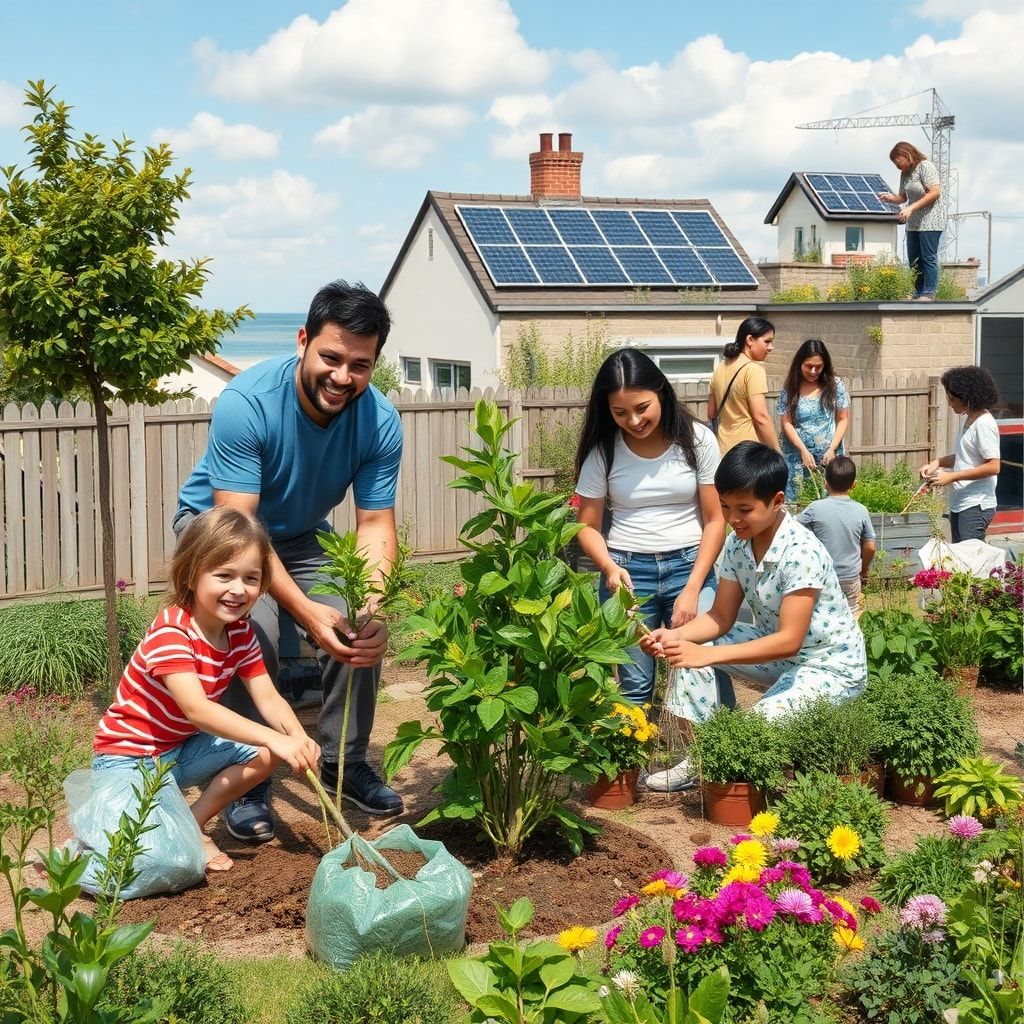 happy family planting trees in their backyard, diverse group of people cleaning up a beach, urban rooftop garden with solar p