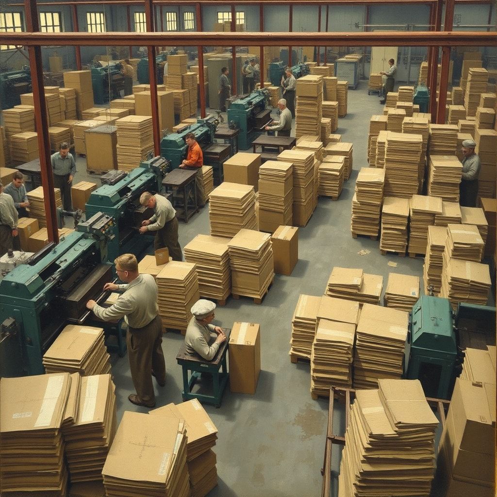 workers operating manual machinery in a corrugated box factory, bustling factory floor with stacks of cardboard sheets and boxes, vintage packaging equipment in operation, industrial revolution era machinery in action