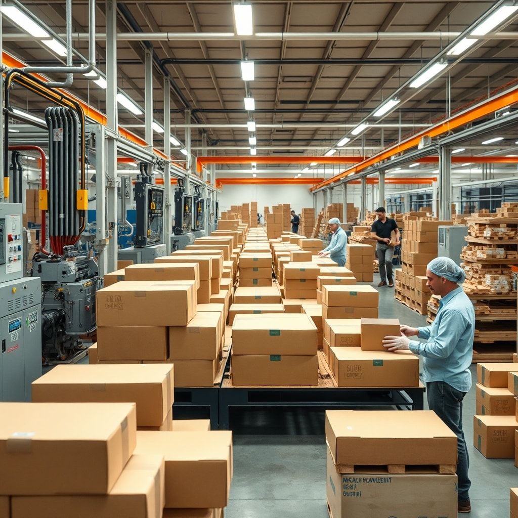 evolution - modern corrugated box factory with state-of-the-art machinery, eco-friendly packaging materials being processed,