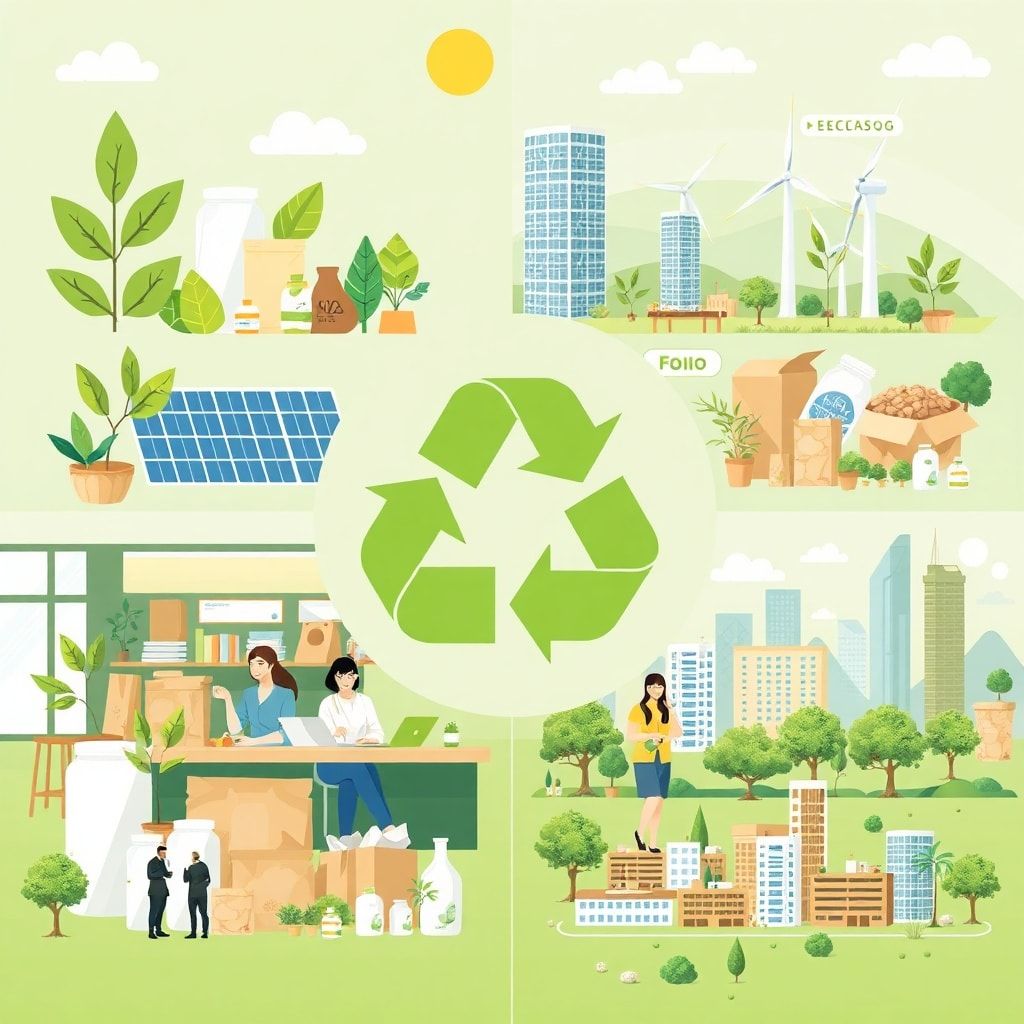 Eco-friendly packaging materials including plant-based plastics, recycled paper, and cardboard, sustainable packaging design with minimalist and efficient solutions, renewable energy sources such as solar panels and wind turbines, environmentally conscious employees working in a green office space, diverse group of people promoting sustainability and recycling, modern recycling facility with advanced machinery and equipment, vibrant cityscape with eco-friendly buildings and green spaces, futuristic sustainable packaging solutions with innovative designs