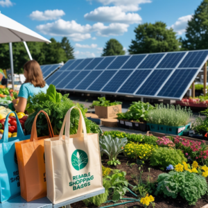 reusable shopping bags at a farmer's market, solar panels on a rooftop, community garden with various plants and flowers
