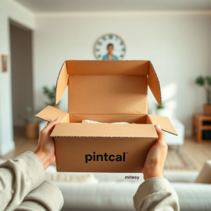 A beautifully designed custom corrugated box being opened by a pair of hands, revealing a carefully wrapped product inside. The box features a minimalist brand logo and vibrant brand colors. The background is a clean, modern home environment with soft natural light, emphasizing a premium unboxing experience. High resolution, shallow depth of field, product photography style, warm tones, inviting atmosphere.