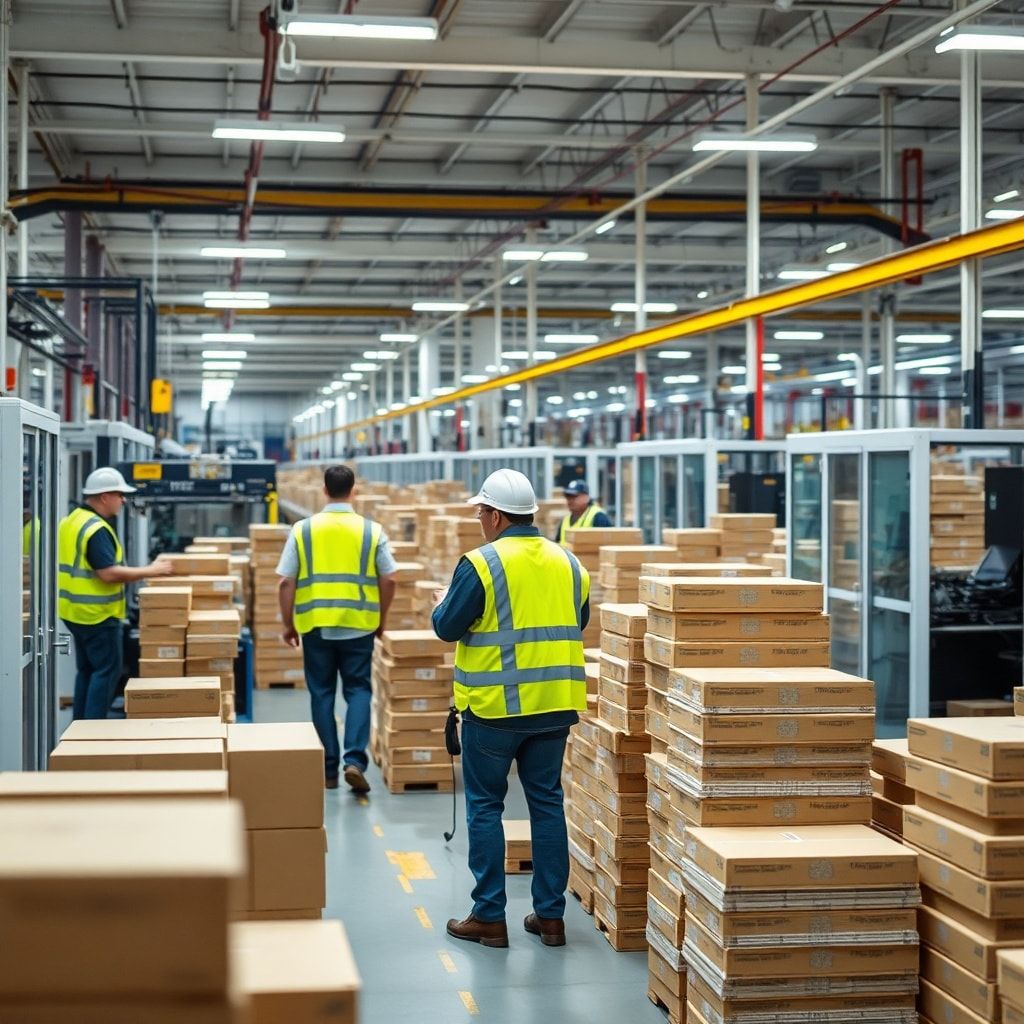 essential - A busy modern corrugated box factory floor with automated machinery producing custom boxes at high speed. Workers
