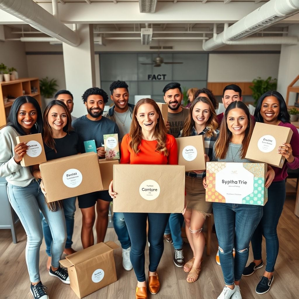 essential - A diverse group of cheerful small business owners and entrepreneurs standing proudly with their custom-branded pa