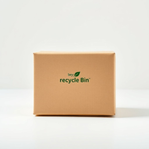 A beautifully designed, minimalist e-commerce package made of natural corrugated cardboard, with a small green leaf logo, sitting on a clean white surface with soft studio lighting. It represents thoughtful sustainable e-commerce packaging, symbolizing a step Beyond Recycle Bin towards a greener future. High detail, photorealistic, clean aesthetic.