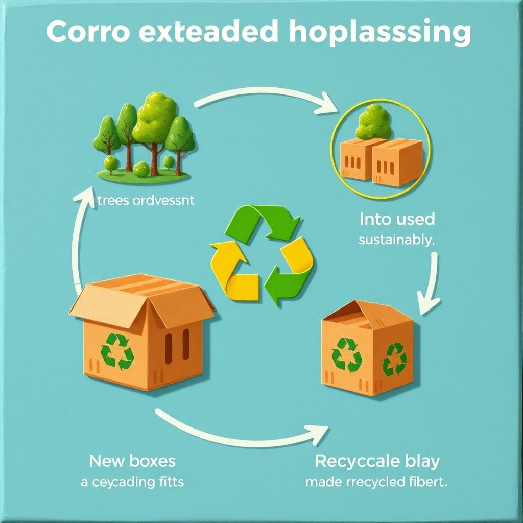 An animated infographic showing a closed-loop system for corrugated packaging: trees being harvested sustainably, turning int