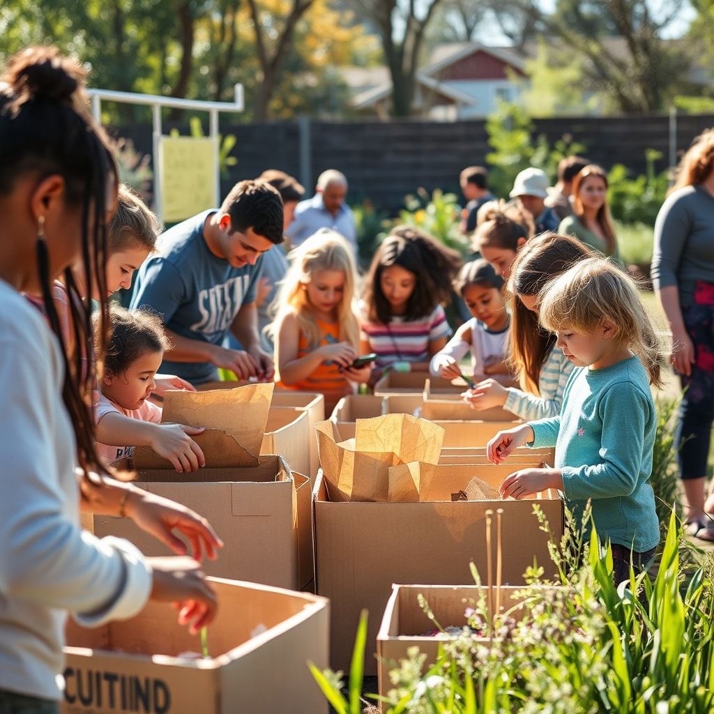 A diverse group of people (adults and children) actively participating in community recycling and repurposing events outdoors