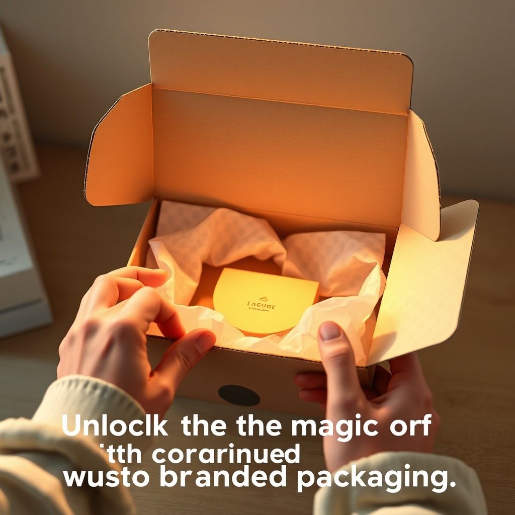 A beautifully designed custom corrugated box being carefully opened, revealing a delicate product nestled inside tissue paper. The box exterior features a minimalist logo and a vibrant brand color, while the interior is printed with a subtle pattern. Soft, warm lighting, hands gently unwrapping, focus on the details of the packaging and product, ultra realistic, highly detailed, 8k quality, photorealistic, conveying excitement and discovery, alt text: Unlock the magic of unboxing with custom branded packaging.