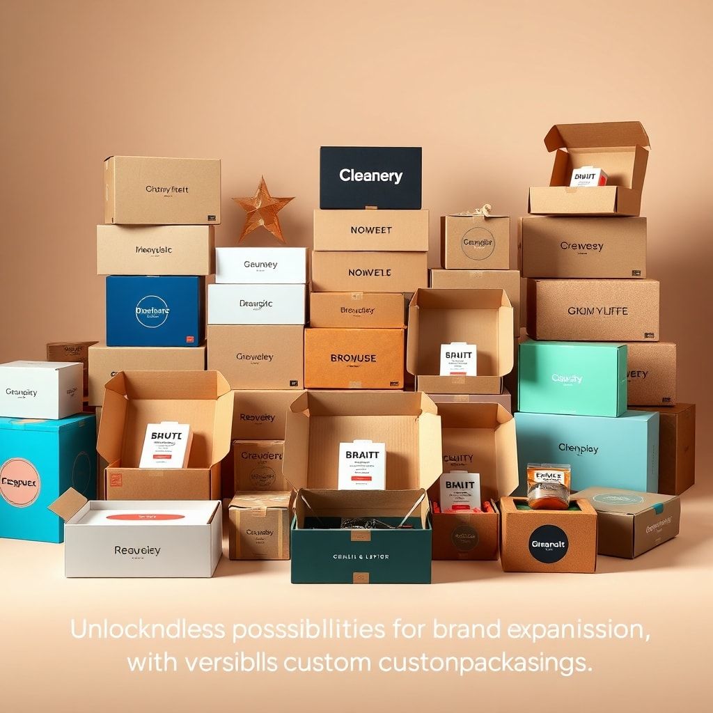 A collection of diverse, beautifully designed custom corrugated boxes for different product lines, showcasing various brand a