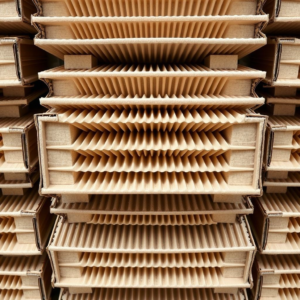 A stack of neatly arranged corrugated boxes showing the fluted center layer