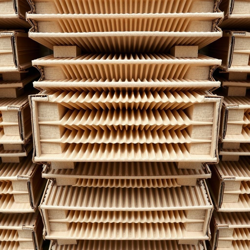 A stack of neatly arranged corrugated boxes showing the fluted center layer