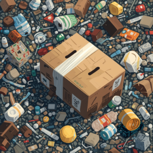 illustration of traditional corrugated boxes in a landfill, surrounded by plastic waste and pollution, highlighting the negative impact on the environment