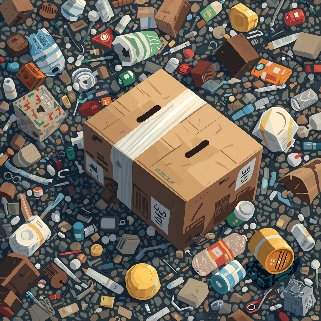 illustration of traditional corrugated boxes in a landfill, surrounded by plastic waste and pollution, highlighting the negative impact on the environment