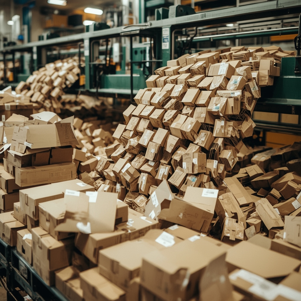 recycled cardboard being used to manufacture new corrugated boxes, showcasing the recycling process and sustainable practices