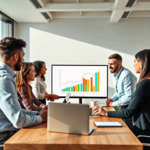A diverse group of professionals collaborating in a modern, sunlit office space, discussing growth charts on a large screen, with laptops and coffee on a table, representing a dynamic Sme team, warm and inviting atmosphere, professional, high-definition, photorealistic