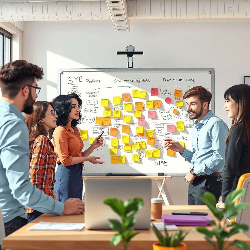 growth - A diverse team of Sme employees brainstorming ideas around a whiteboard covered with sticky notes and diagrams, in a