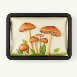 biodegradable mushroom packaging material with brown mushroom shapes and green leaves, eco-friendly packaging solution, sustainable materials, natural and organic design