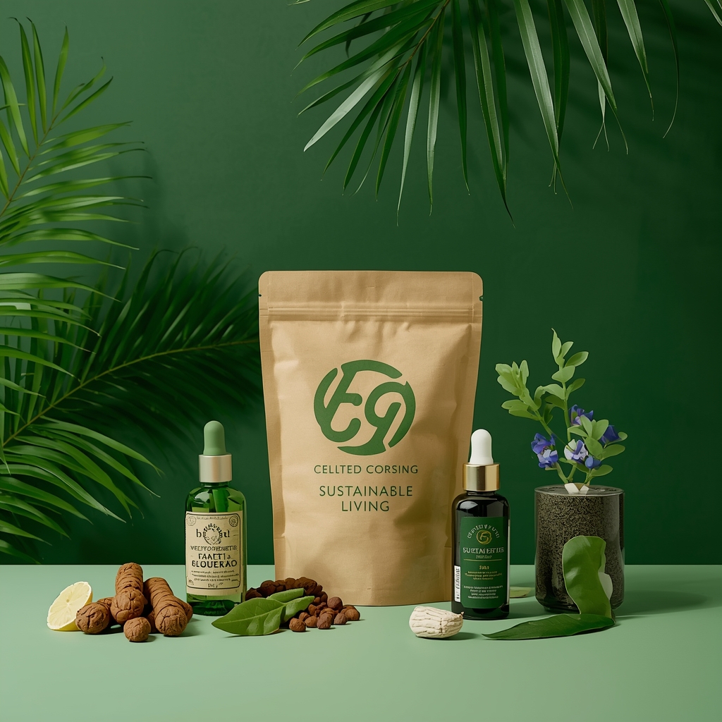 Sustainable living concept with eco-friendly packaging solutions, green earth symbol, sustainable lifestyle choices, environm