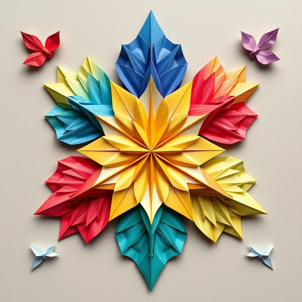 beautiful paper origami creations in various vibrant colors and intricate designs, showcasing creativity and skill, artistic patterns and shapes, delicate and precise folds, visually stunning compositions