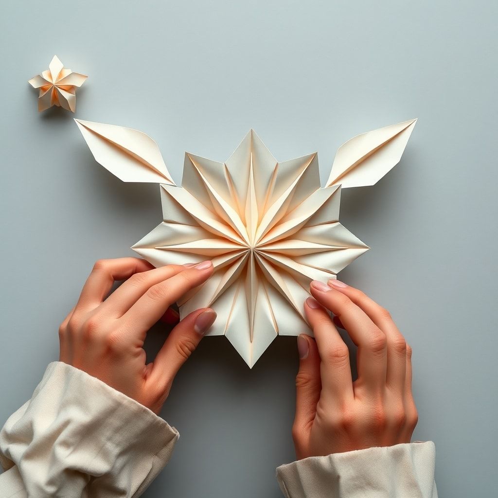 unveiling - hands folding paper origami, demonstrating the intricate process of creating stunning designs, close-up of finger