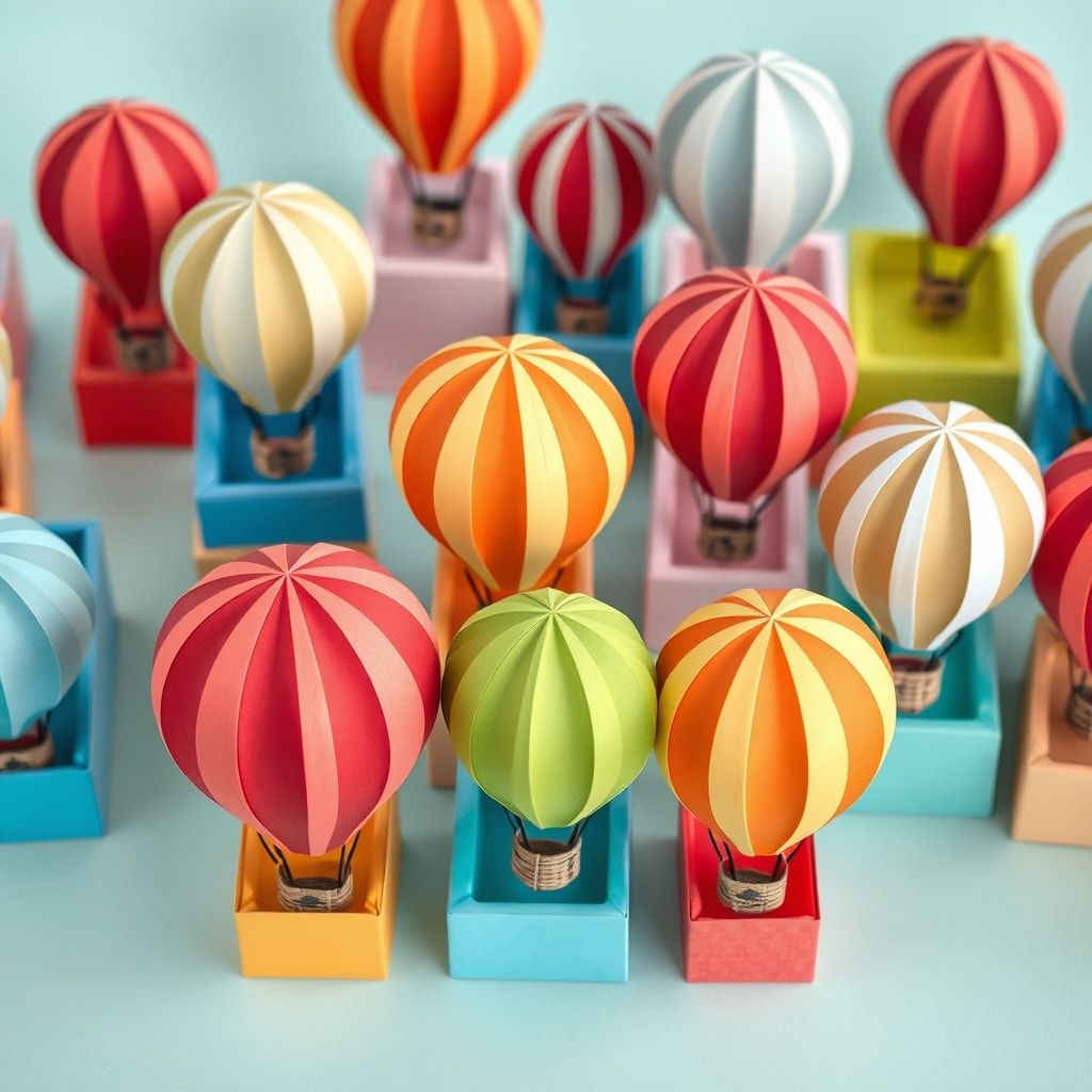 colorful paper hot air balloon boxes in a playful arrangement, bright and eye-catching, creative and unique, DIY home decor idea