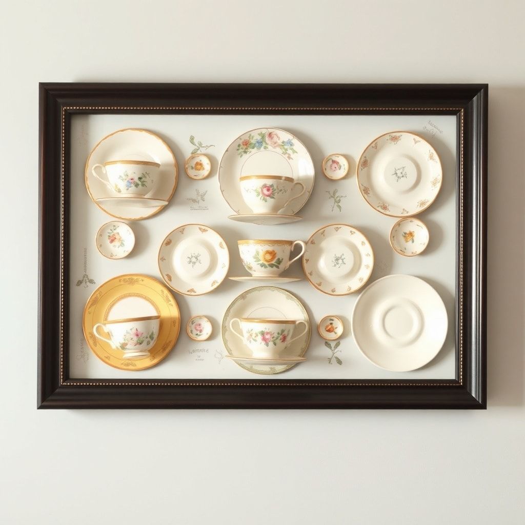 charming tea cup display on a wall, elegant and vintage-inspired, creative home decor idea