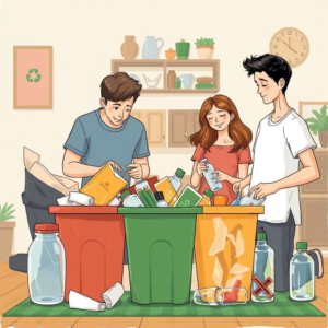 A family recycling together at home, sorting paper, plastic, and glass items into different bins