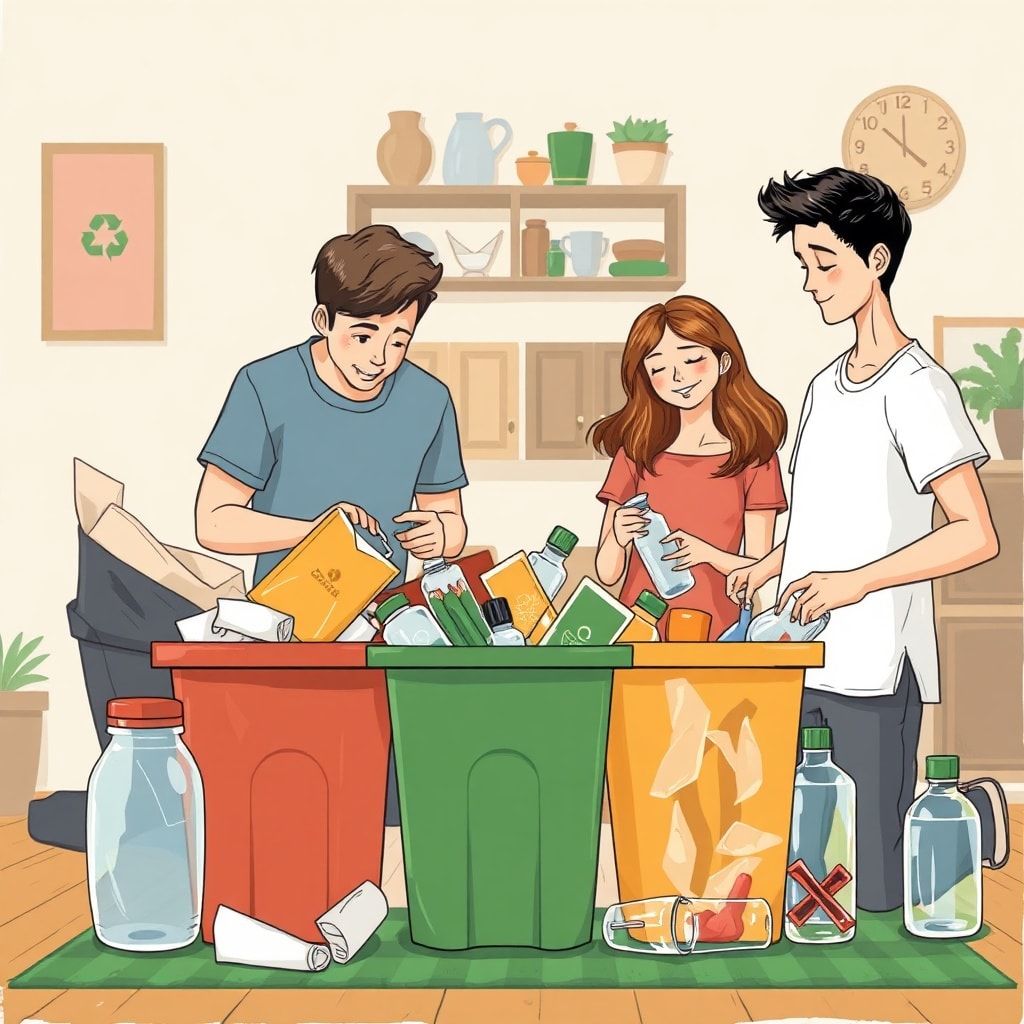A family recycling together at home, sorting paper, plastic, and glass items into different bins