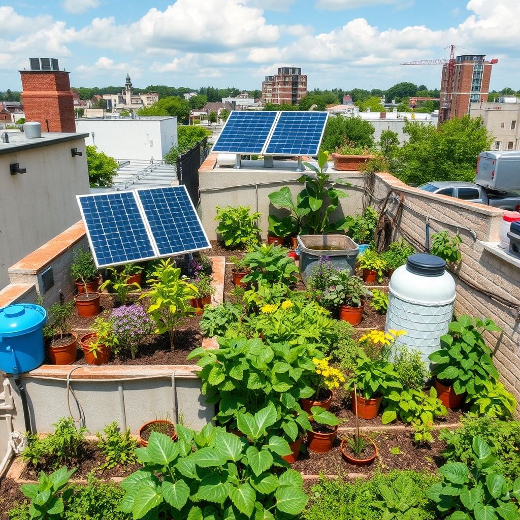 A sustainable rooftop garden with a variety of plants, solar panels, and rainwater collection system