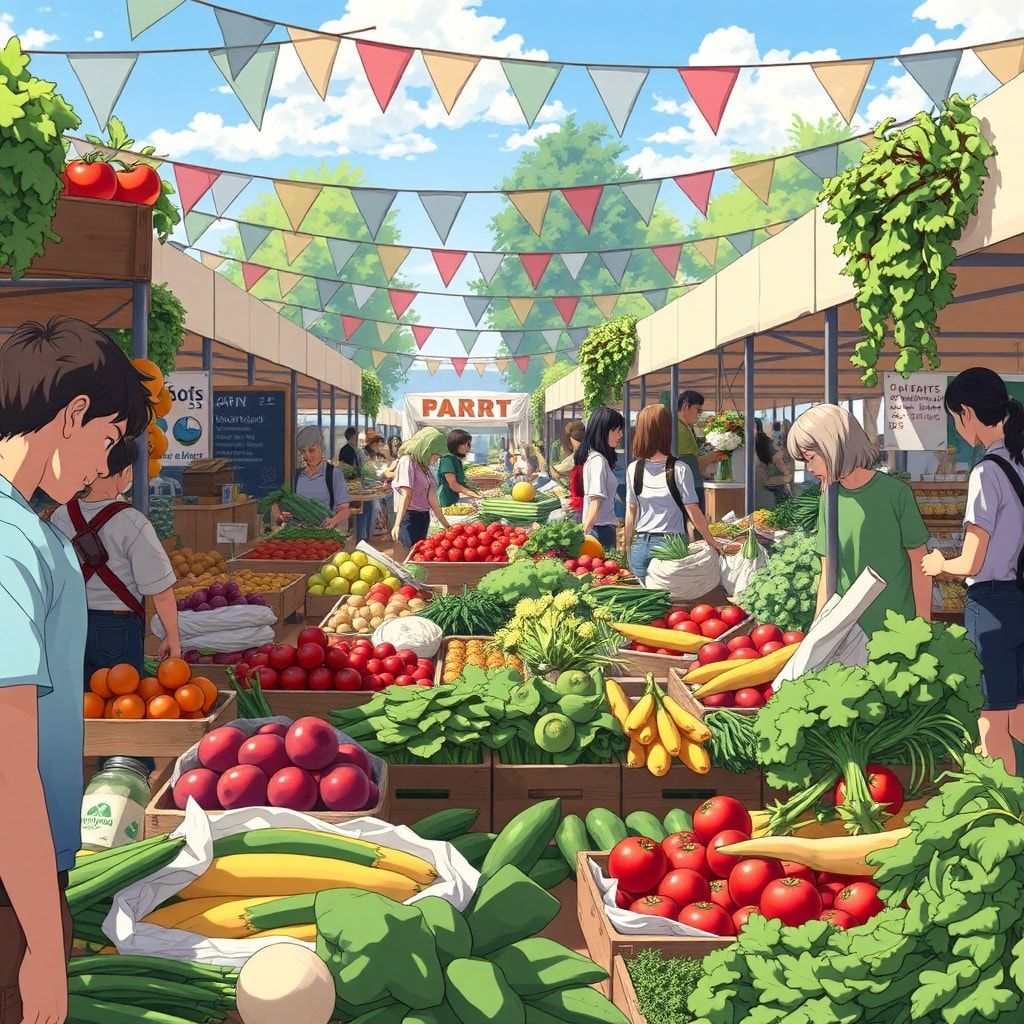 A farmer's market bustling with activity, showcasing fresh produce, local goods, and sustainable practices
